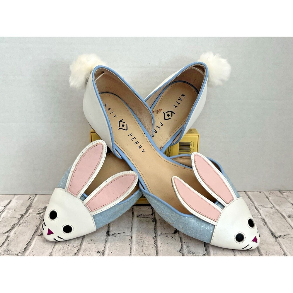Katy Perry Collections ‘Jessica’ Bunny Flats Blue Glitter White Pink Size 11